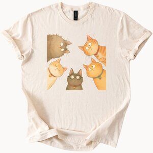 Cute Cartoon Cat Faces Group Graphic T Shirt Funny Feline Art Cream Tee